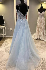 Evening Dresses 2025, Spaghetti Straps Light Blue Lace Prom Dresses, Light Blue Lace Formal Evening Dresses