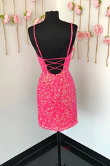 Homecoming Dresses Unique, Spaghetti Straps Pink Sequins Short Homecoming Dress with Criss Cross Back