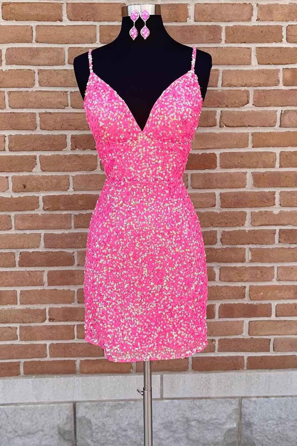 Homecoming Dresses Online, Spaghetti Straps Pink Sequins Short Homecoming Dress with Criss Cross Back