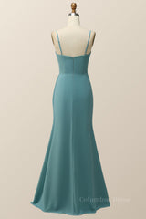 Bridesmaid Dresses Fall Colors, Spaghetti Straps Teal Green Chiffon A-line Long Bridesmaid Dress