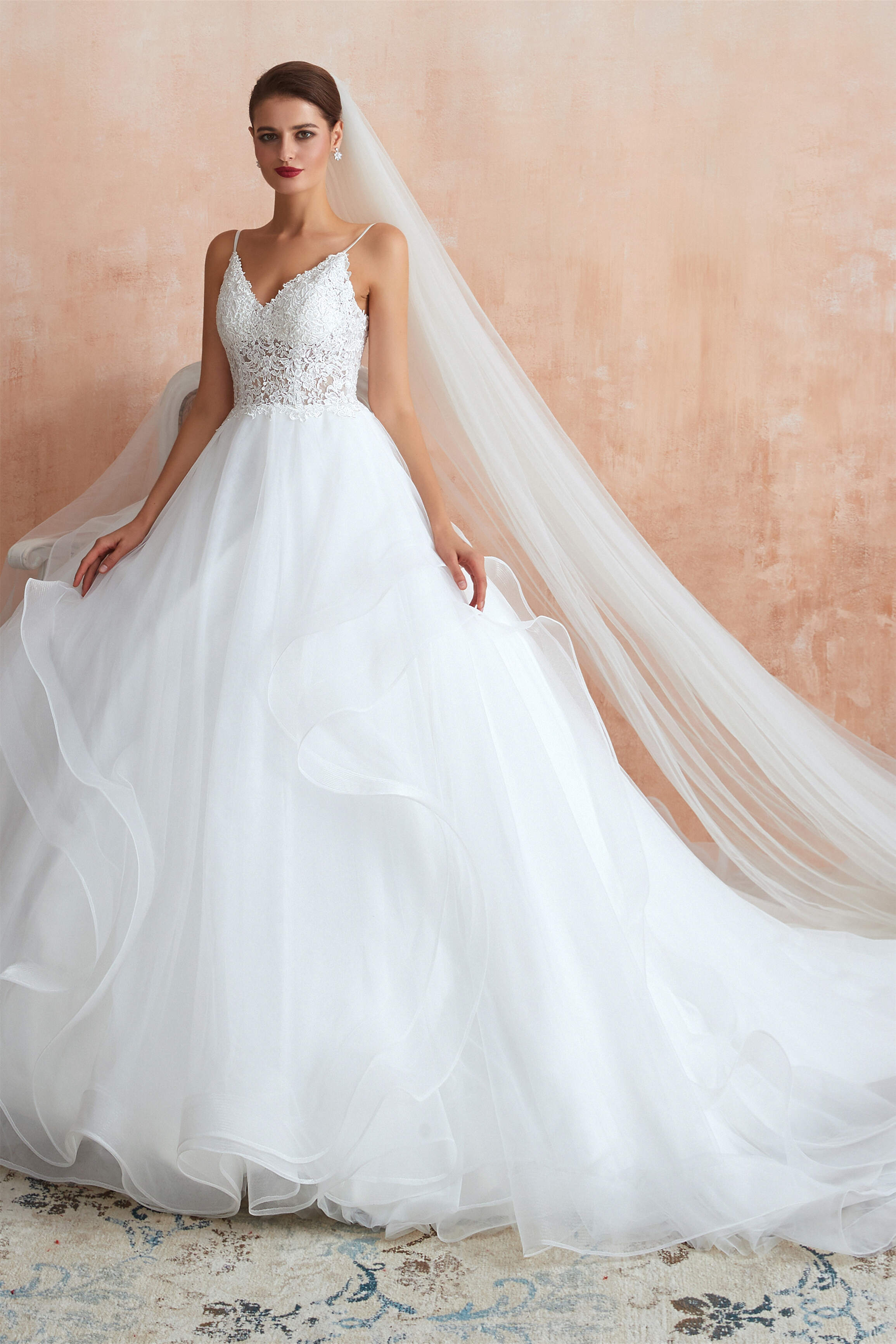 Wedding Dresses For Maids, Spaghetti Straps V-neck Lace Organza Tiered A-line Wedding Dresses