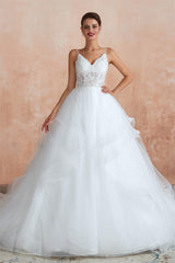Wedding Dress Southern, Spaghetti Straps V-neck Lace Organza Tiered A-line Wedding Dresses