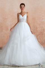 Wedding Dresses A Line Romantic, Spaghetti Straps V-neck Lace Organza Tiered A-line Wedding Dresses
