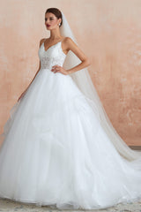 Wedding Dress Country, Spaghetti Straps V-neck Lace Organza Tiered A-line Wedding Dresses