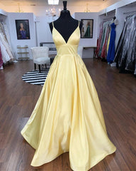 Corset Dress, Spaghetti Straps V-neck Long Daffodil Simple Satin Prom Dresses