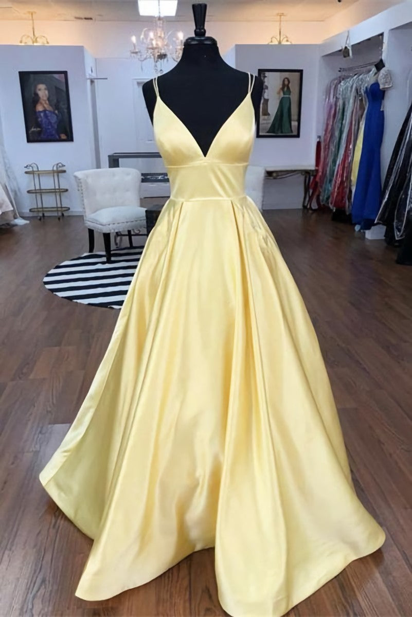 Evening Dress, Spaghetti Straps V-neck Long Daffodil Simple Satin Prom Dresses
