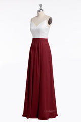 Bridesmaid Dress Different Styles, Spaghetti Straps White and Wine Red Chiffon Long Bridesmaid Dress