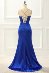 Prom Dressed Ball Gown, Spaghetti Straps Royal Blue Mermaid Prom Dress With Slit