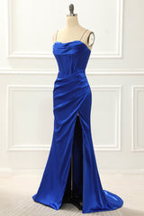 Prom Dresses Ball Gowns, Spaghetti Straps Royal Blue Mermaid Prom Dress With Slit