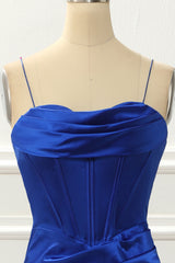 Prom Dresses Laced, Spaghetti Straps Royal Blue Mermaid Prom Dress With Slit