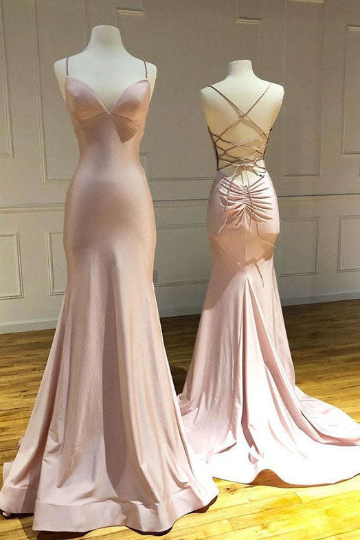 Party Dress Boots, Pink Spaghetti Straps Mermaid Long Prom Dress, Simple Formal Gown