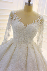 Wedding Dress With Sleeve, Sparkle 3D Lace Appliques Long Sleevess Church Train Wedding Dress