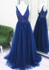 Prom Dresses Blue Long, Sparkle Beaded Tulle V-neckline Floor Length Party Dress, Blue Junior Prom Dresses Formal Dresses
