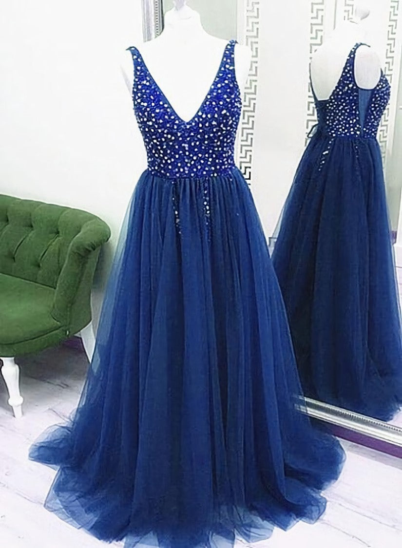 Prom Dress Blue Long, Sparkle Beaded Tulle V-neckline Floor Length Party Dress, Blue Junior Prom Dresses Formal Dresses
