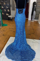Long Sleeve Dress, Sparkle Blue Sequin Prom Dresses Iridescent Mermaid Long Formal Dresses Side Slit