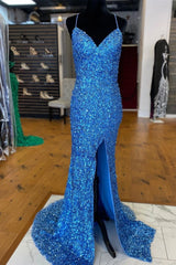 Black Tie Wedding, Sparkle Blue Sequin Prom Dresses Iridescent Mermaid Long Formal Dresses Side Slit