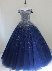 Party Dress Night, Sparkle Navy Blue Off Shoulder Ball Party Dress,Red Black Beaded Prom Dresses