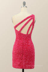 Homecoming Dress With Tulle, Sparkle One Shoulder Hot Pink Sequin Party Dress