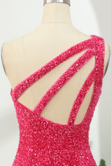 Homecoming Dresses With Tulle, Sparkle One Shoulder Hot Pink Sequin Party Dress