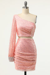 Bridesmaid Dress Colours, Sparkle Pink Two Piece One Sleeve Tight Mini Dress