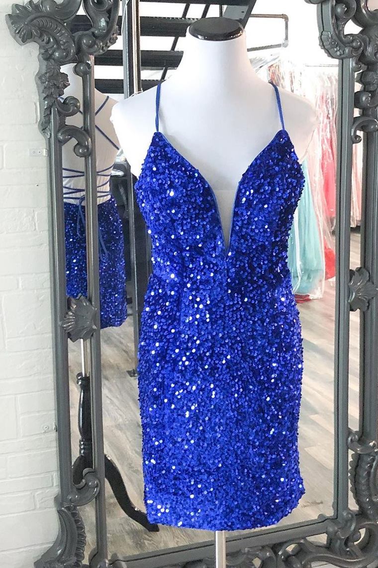 Homecoming Dresses Tight Short, Sparkle Royal Blue Sequins Bodycon Mini Cocktail Dresses