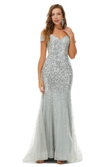 Prom Dresses Sale, Sparkle Silver Mermaid Beaded Cap Sleeves Off-The-Shoulder Prom Dresses