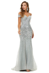 Prom Dress Sales, Sparkle Silver Mermaid Beaded Cap Sleeves Off-The-Shoulder Prom Dresses