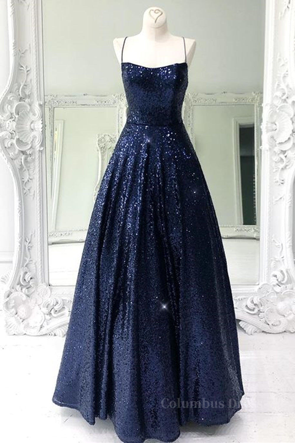 Classy Outfit, Sparkly Backless Navy Blue Long Prom Dresses, Open Back Long Navy Blue Formal Evening Dresses