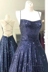 Club Outfit, Sparkly Backless Navy Blue Long Prom Dresses, Open Back Long Navy Blue Formal Evening Dresses