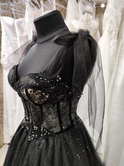 Party Dress With Glitter, Sparkly black prom dress night corset neckline fairy tale tulle princess bride bridal gothic dark queen night alternative bride