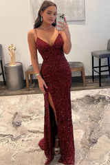 Sparkly Dark Red Sequins Long Prom Dress with Slit