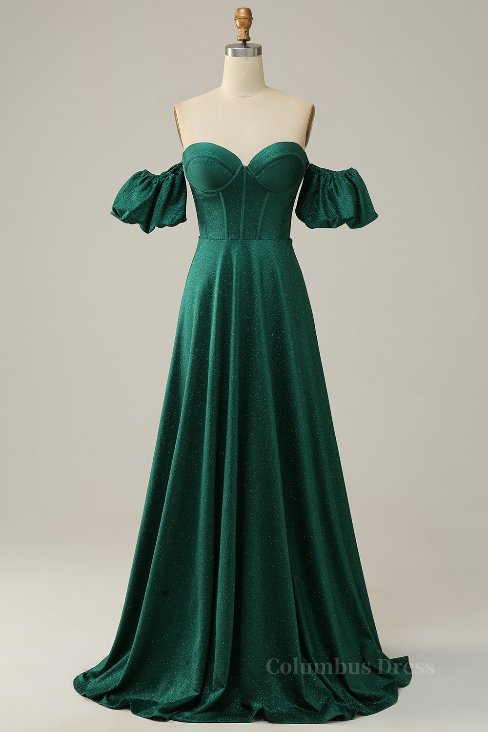 Prom Dresses 2016, Sparkly Hunter Green Off-the-Shoulder Puff Sleeves A-line Long Prom Dress