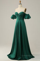 Prom Dresses For Blondes, Sparkly Hunter Green Off-the-Shoulder Puff Sleeves A-line Long Prom Dress