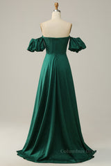 Prom Dress Corset, Sparkly Hunter Green Off-the-Shoulder Puff Sleeves A-line Long Prom Dress