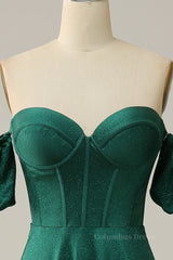 Prom Dresses Boho, Sparkly Hunter Green Off-the-Shoulder Puff Sleeves A-line Long Prom Dress