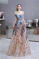 Formal Dresses Royal Blue, Sparkly Off-the-Shoulder Sequins A line Prom Dresses Floor Length