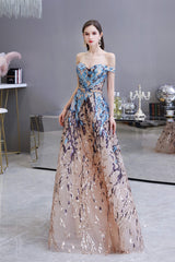 Formal Dresses Midi, Sparkly Off-the-Shoulder Sequins A line Prom Dresses Floor Length