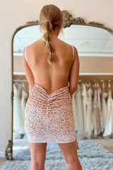 Sparkly Rose Golden Sequins Tight Short Homecoming Dress