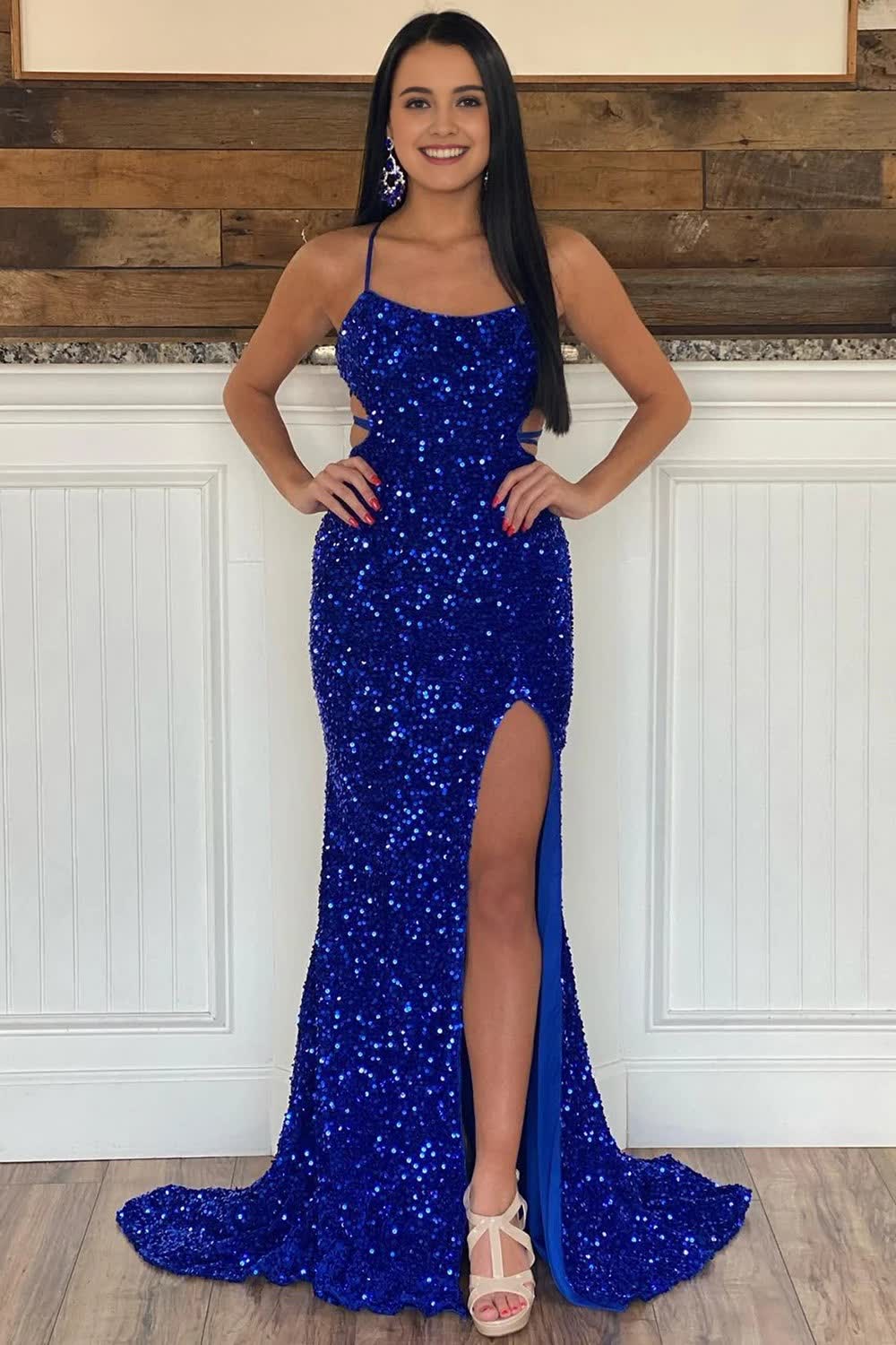 Sparkly Royal Blue Sequins Mermaid Long Prom Dress with Slit