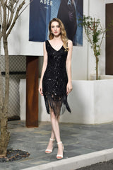 Prom Dresses For Curvy Figures, Sparkly Sequins Slim Prom Dresses Black V-Neck Sleeveless Prom Dresses