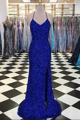 Prom Dress Guide, Sparkly Sheath Royal Blue Prom Dresses, Evening Dresses with Slit