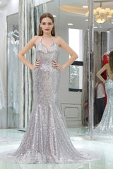 Dress Prom, Sparkly Silver Sequined Mermaid Halter Backless Prom Dresses