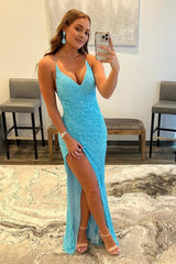 Sparkly Sky Blue Sequins Lace-Up Long Prom Dress with Slit