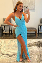 Sparkly Sky Blue Sequins Lace-Up Long Prom Dress with Slit