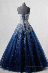 Graduation Outfit, Sparkly Strapless Blue Prom Dresses, Strapless Blue Long Formal Evening Dresses