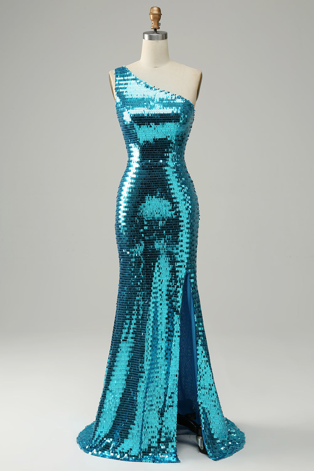 Prom Dresses Silk, Sparkly Blue Sequins One Shoulder Long Prom Dress with Slit