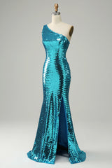 Prom Dresses Piece, Sparkly Blue Sequins One Shoulder Long Prom Dress with Slit