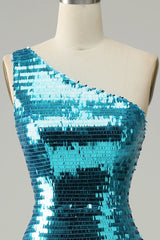 Prom Dress Piece, Sparkly Blue Sequins One Shoulder Long Prom Dress with Slit
