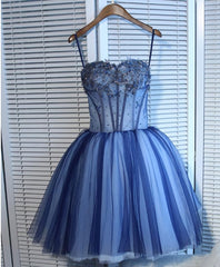 Formal Dress Floral, Charming Blue Lace Tule A Lin Short Prom Dress, Homecoming Dress