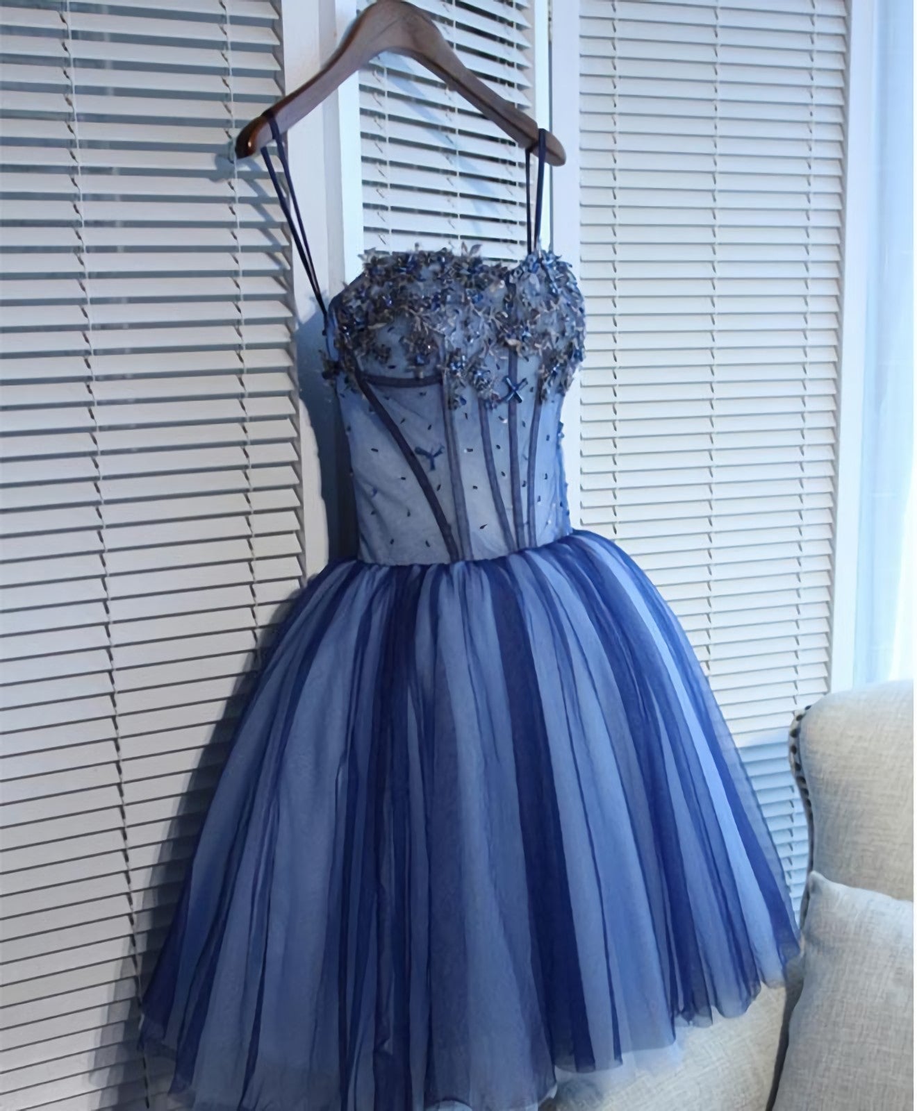 Formal Dress For Wedding Party, Charming Blue Lace Tule A Lin Short Prom Dress, Homecoming Dress